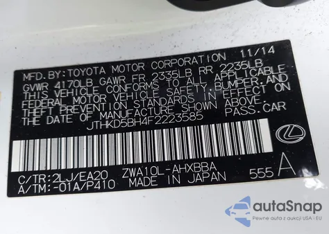 2015 Lexus Ct 200H z USA, uszkodzony, nr VIN JTHKD5BH4F2223585